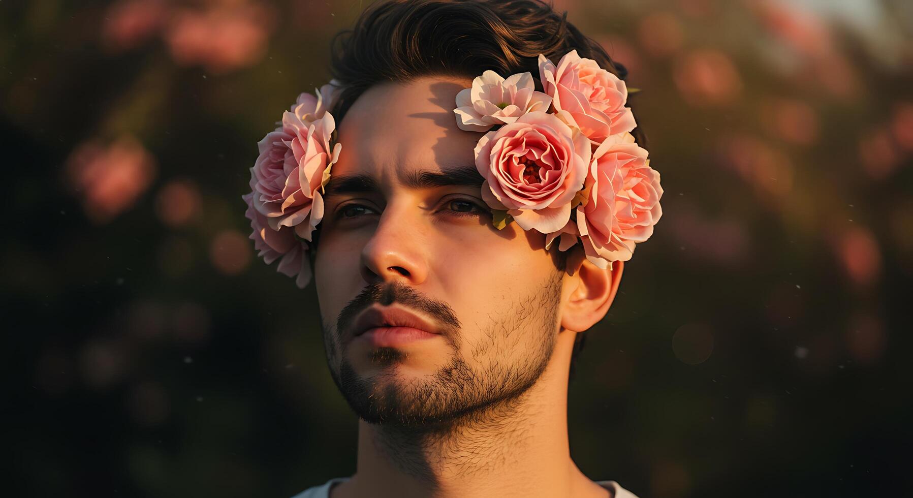 Serene Man Adorned with Delicate Floral Crown - Generated using AI photo