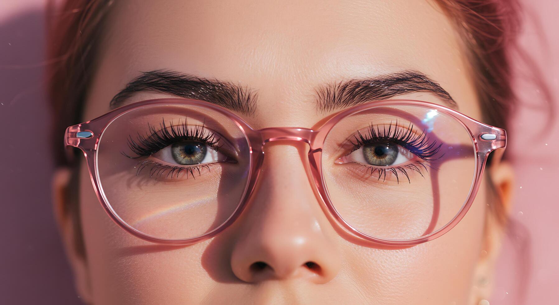 Close-up of a woman's face with pink glasses showcasing clear vision - Generated using AI photo