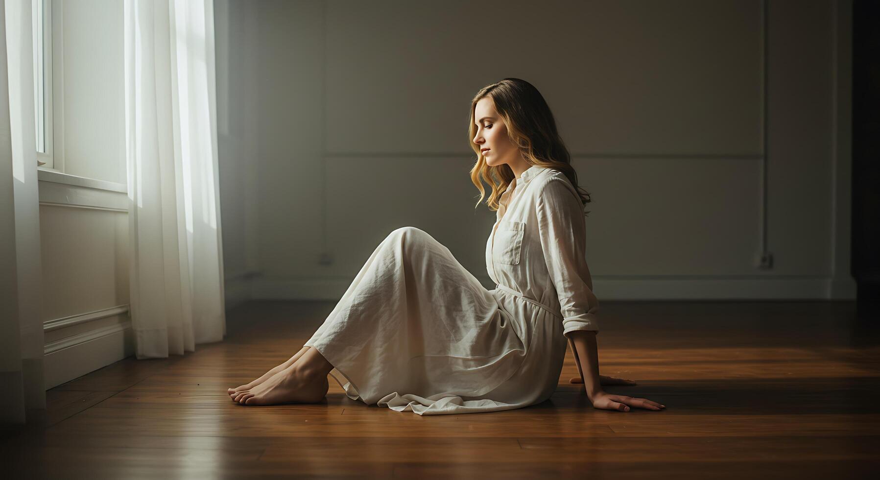 Pensive woman in sunlight, introspective moment - Generated using AI photo