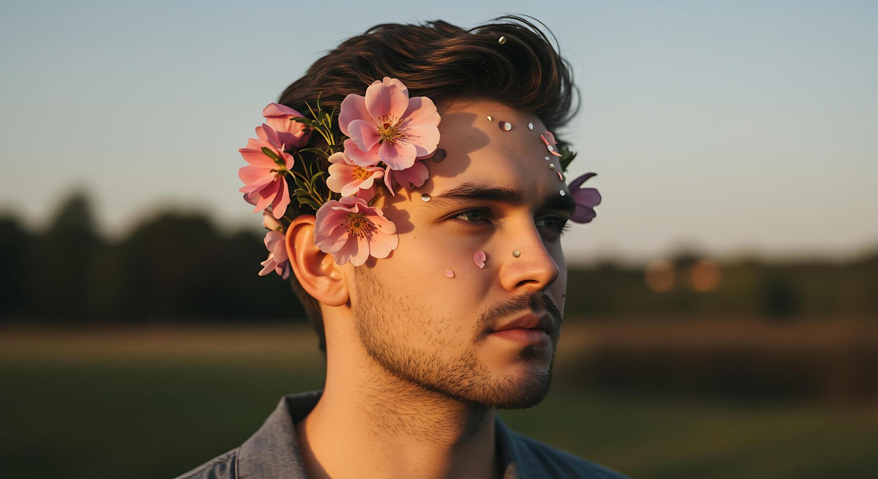 Dreamy Portrait of a Man Adorned with Pink Blossoms and Delicate Jewels - Generated using AI photo