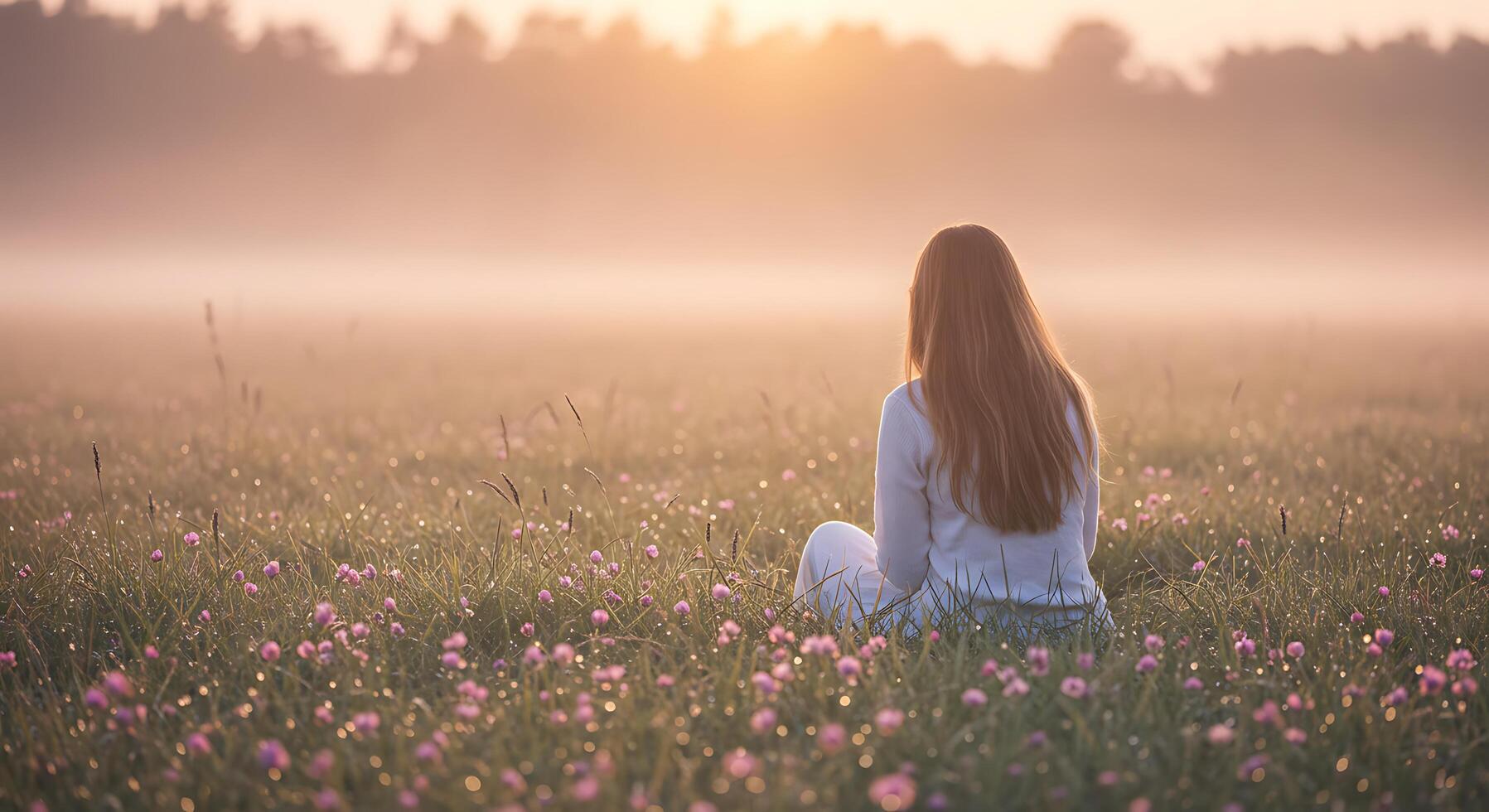 Serene contemplation - A woman in a meadow bathed in morning light - Generated using AI photo