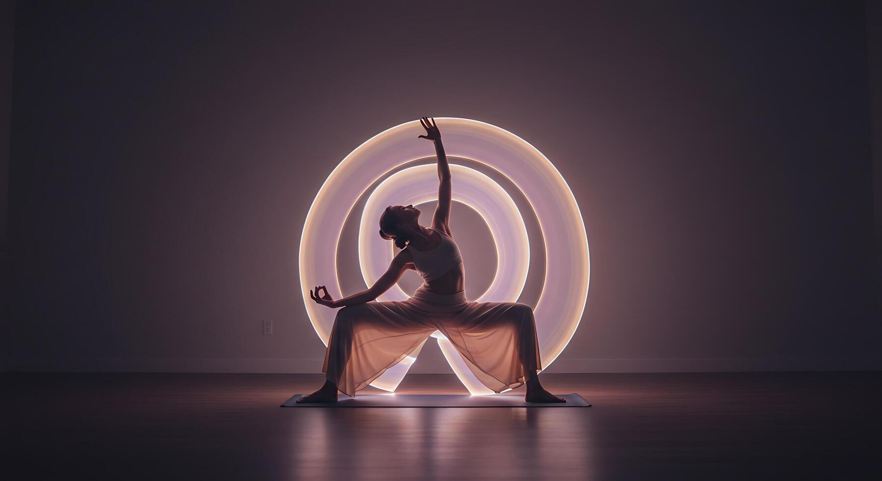 Silhouette of a woman in yoga pose with glowing circles behind her - Generated using AI photo