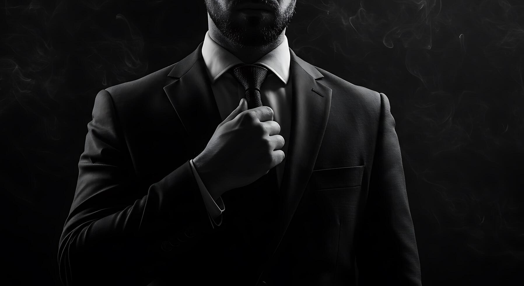 Monochrome image of a suited man adjusting his tie against dark backdrop - Generated using AI photo
