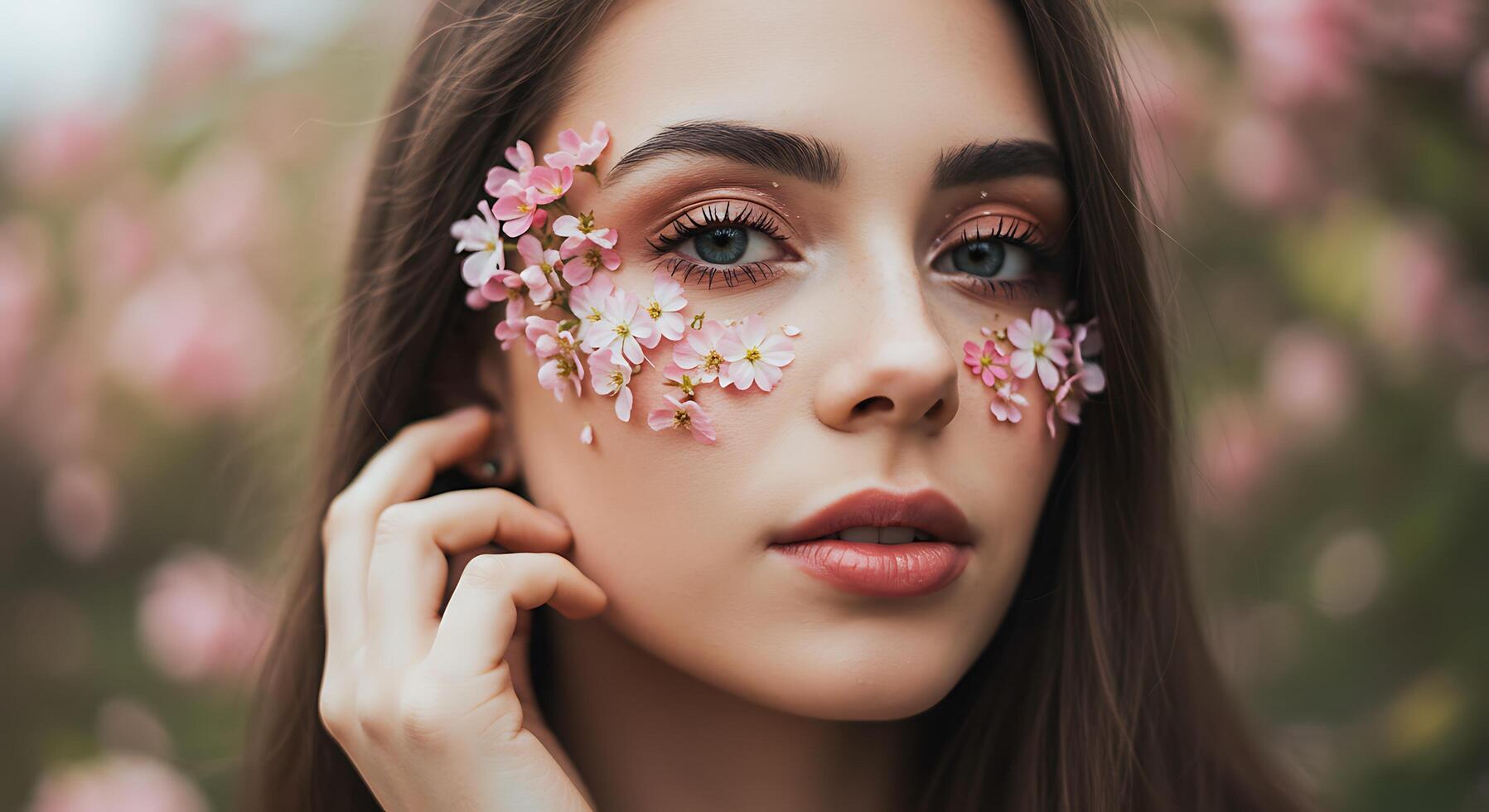 Floral adornment on a captivating face expresses spring's beauty - Generated using AI photo