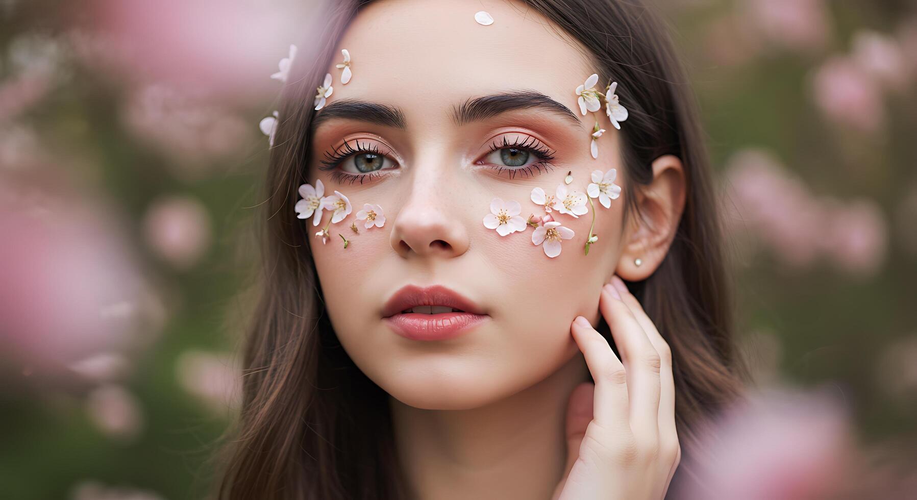 Serene portrait of a woman with floral accents on her face - Generated using AI photo