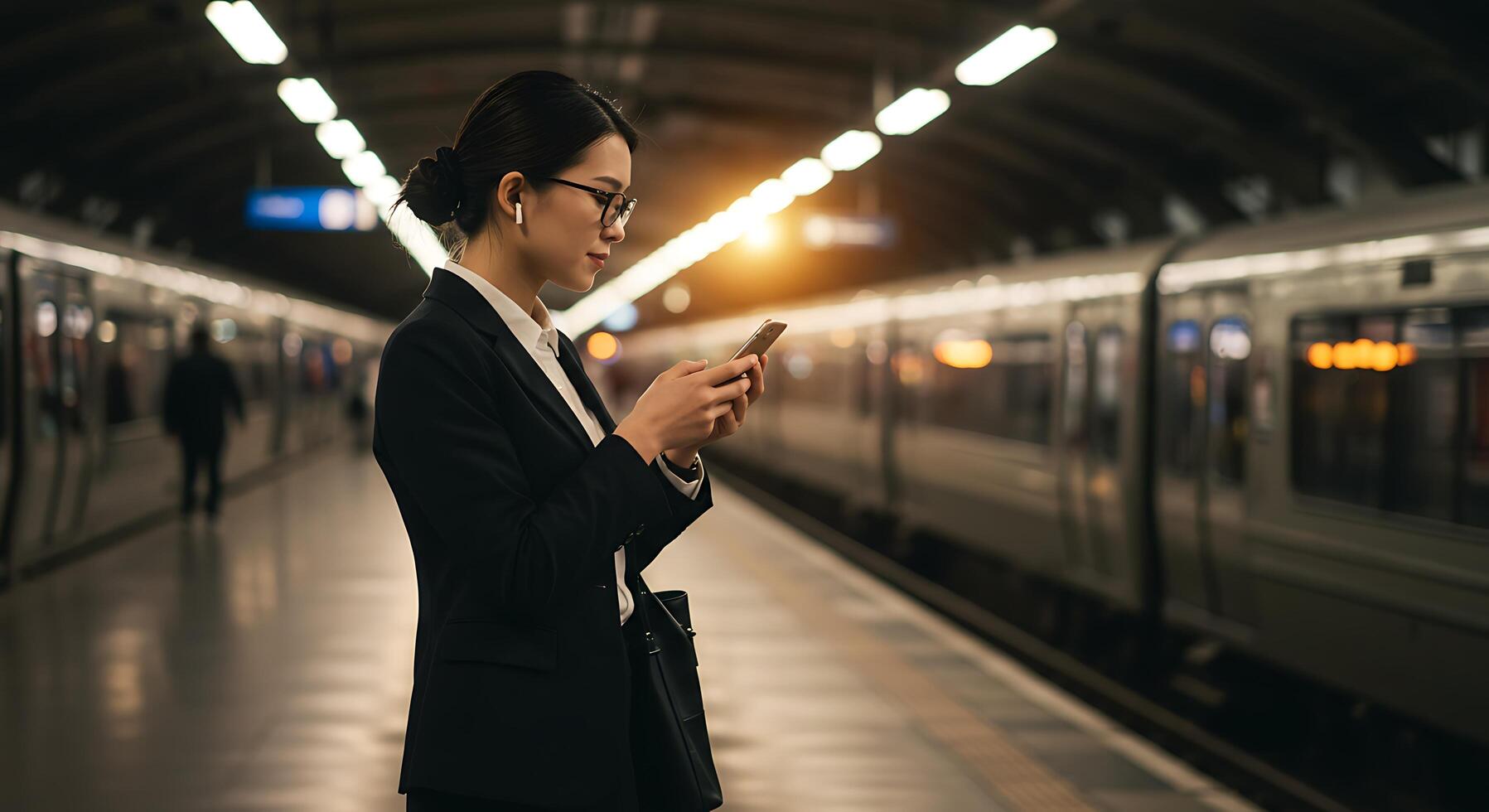 Businesswoman checking smartphone at train station - Generated using AI photo