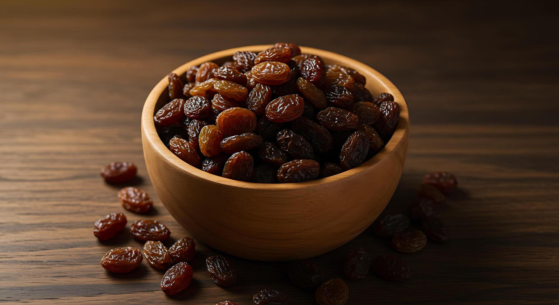A rustic bowl brimming with plump raisins on a textured wooden surface - Generated using AI photo
