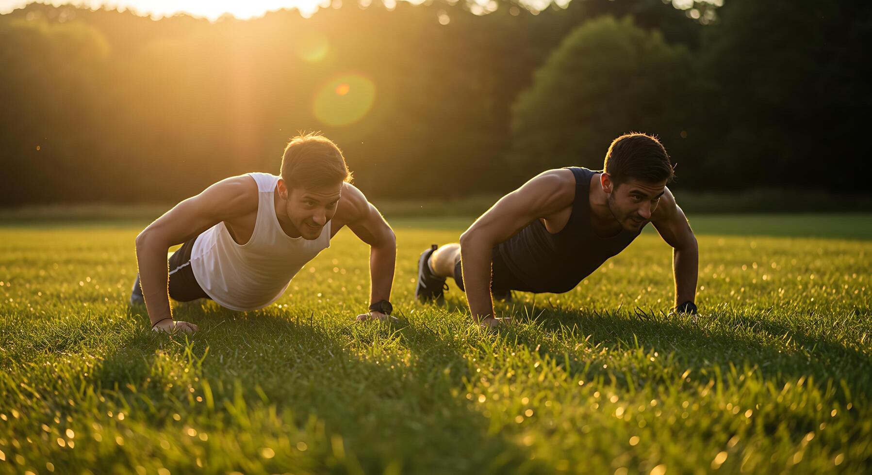 Dynamic duo engaged in push-ups in sunlit field - Generated using AI photo