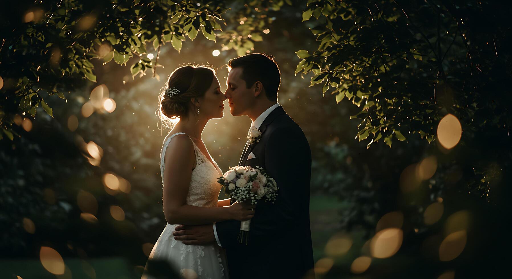 Newlyweds sharing a tender moment under a canopy of foliage - Generated using AI photo