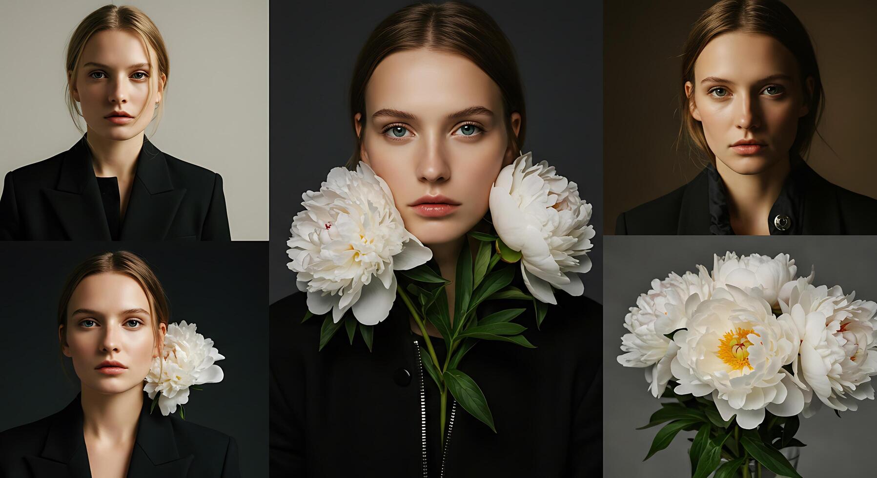 Portrait of a young woman in blazer with white peonies - Generated using AI photo