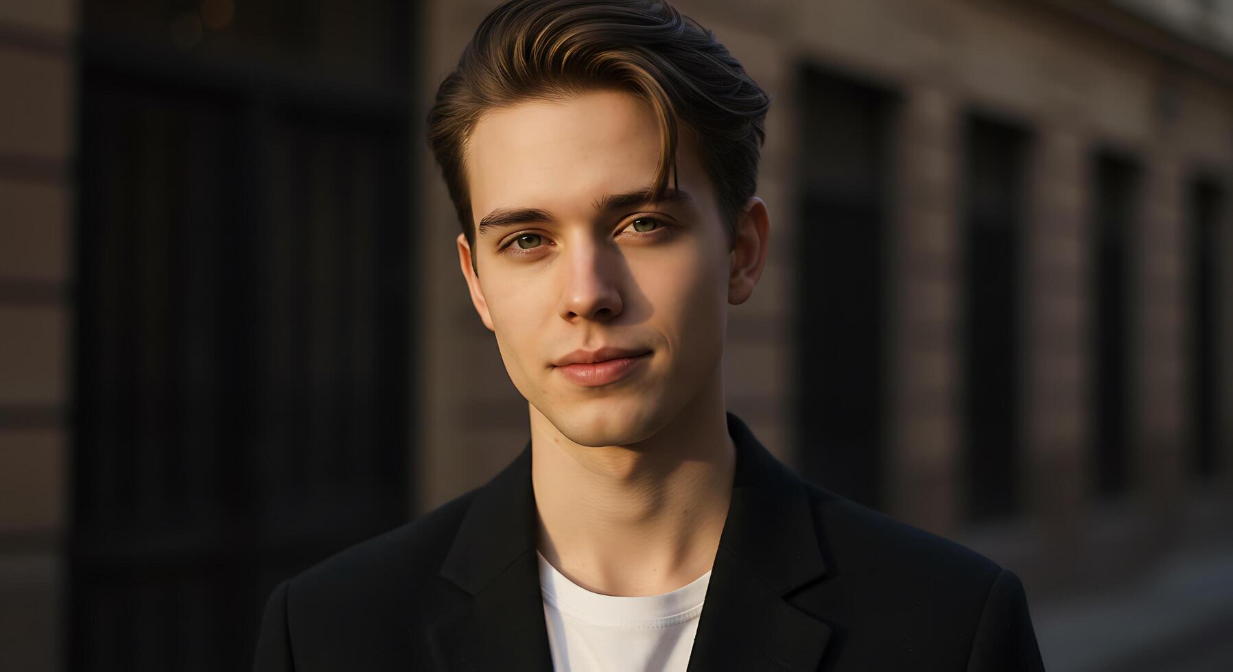 Portrait of a Thoughtful Young Man in Dark Jacket Against Urban Backdrop - Generated using AI photo