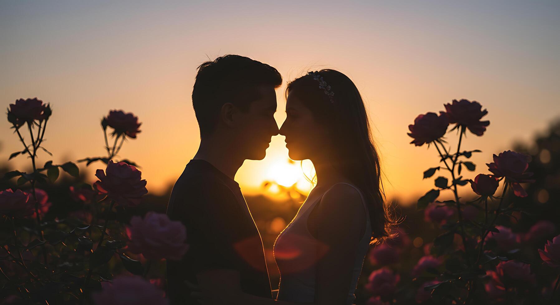 Silhouette of a loving couple facing each other at sunset amidst blooming roses - Generated using AI photo