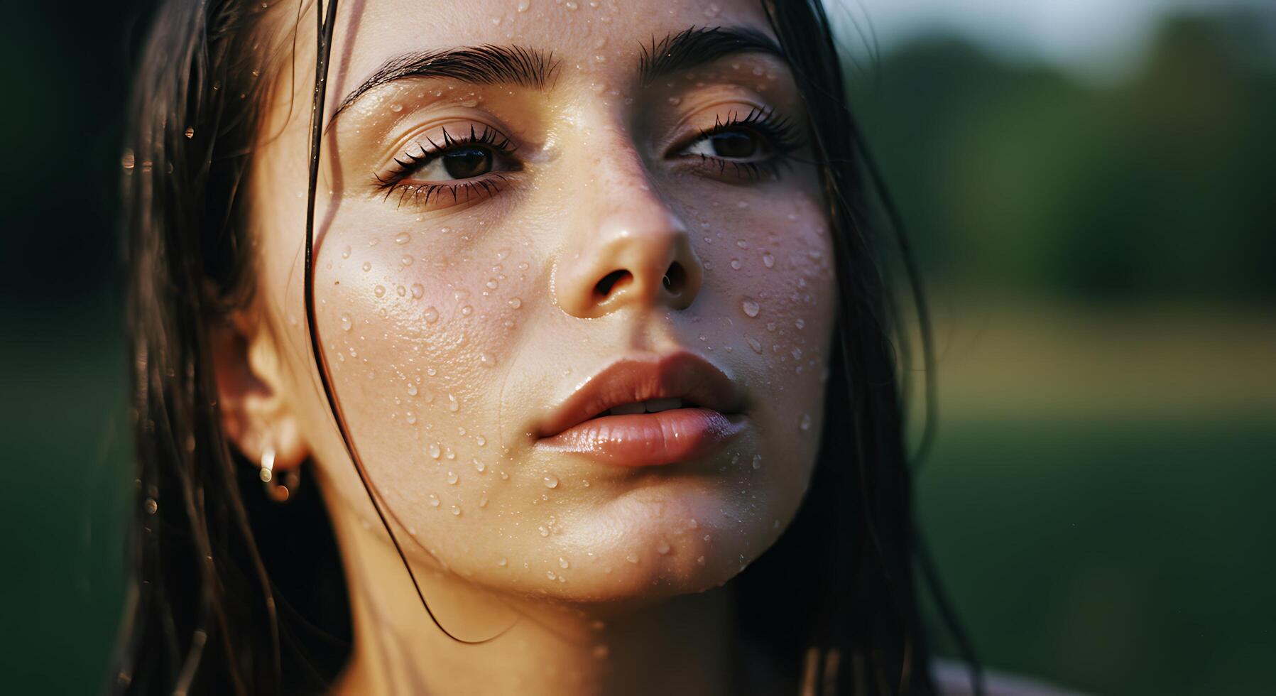 Intense gaze of a woman with water droplets on her face - Generated using AI photo