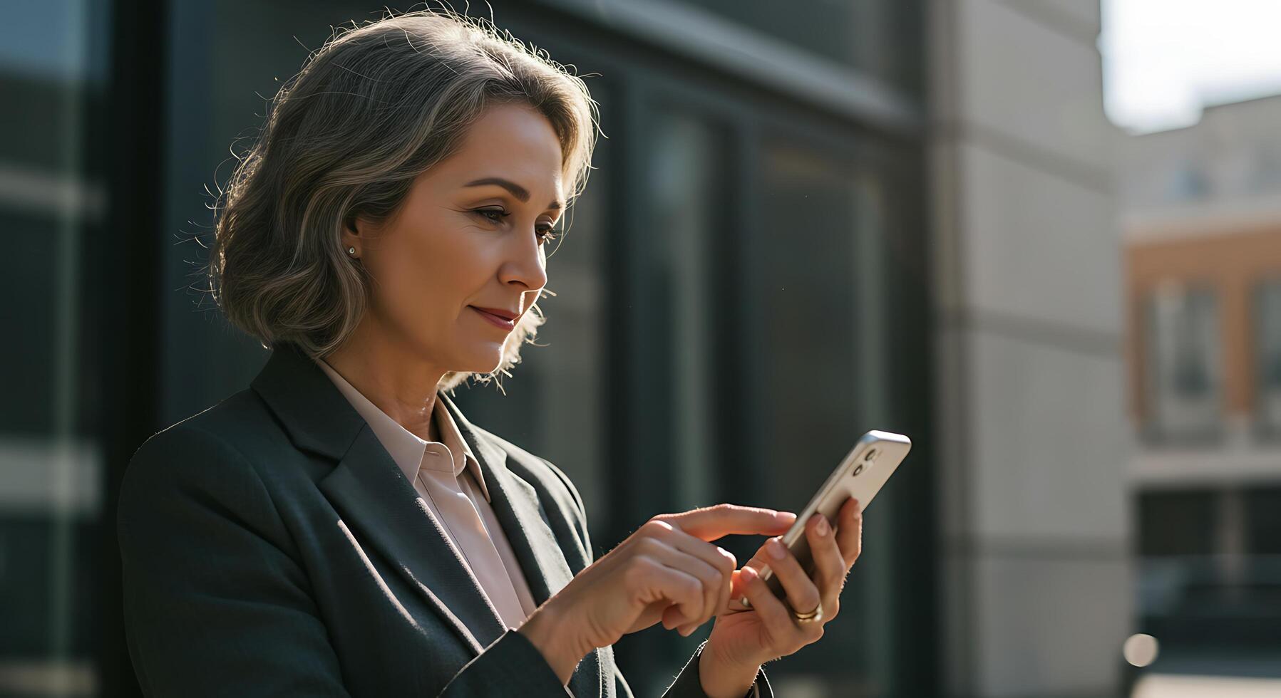 Confident professional woman interacts with smartphone in urban environment - Generated using AI photo