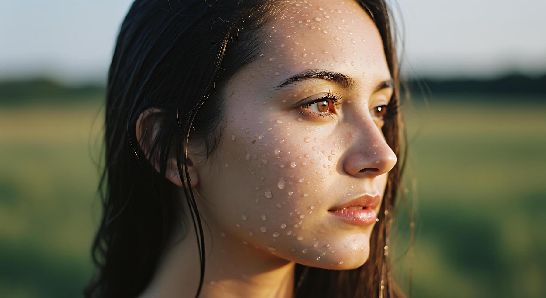 Portrait of a serene woman with water droplets on her face - Generated using AI photo