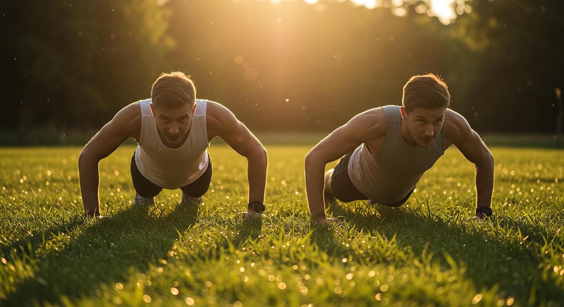 Twin Athletes in Sunlit Meadow Doing Push-Ups - Generated using AI photo