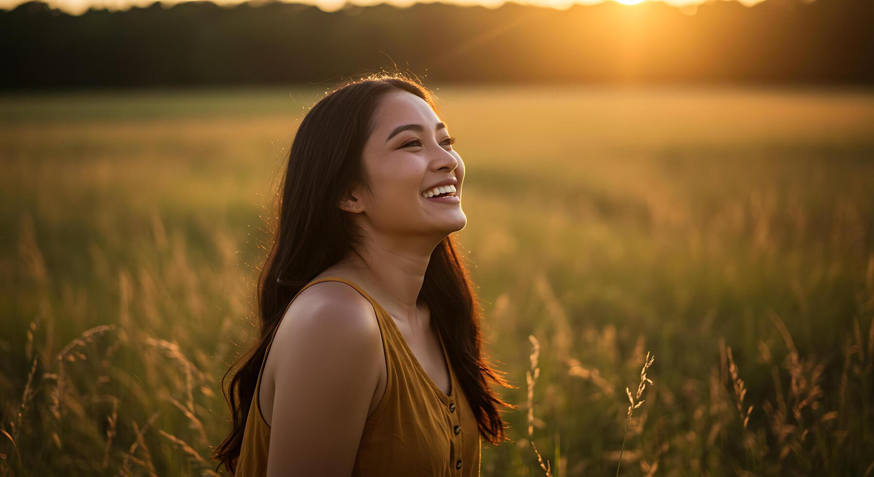 Radiant Woman in Golden Field Gazing Upward with a Bright Smile - Generated using AI photo