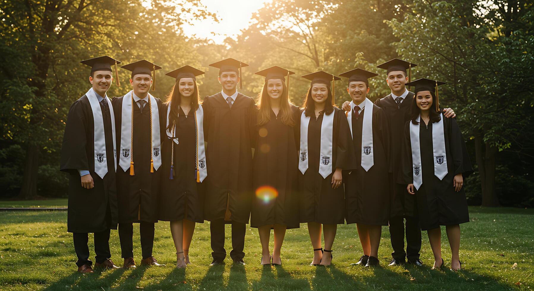 Group of Graduates Posing in Caps and Gowns on Campus - Generated using AI photo