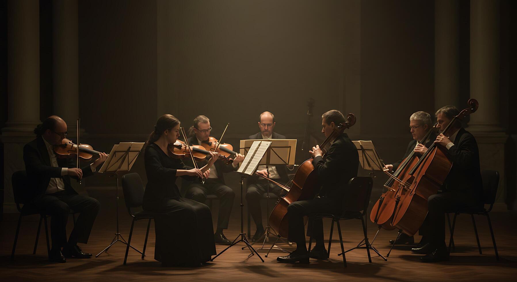 String ensemble performs under dim lighting, creating an intimate atmosphere - Generated using AI photo