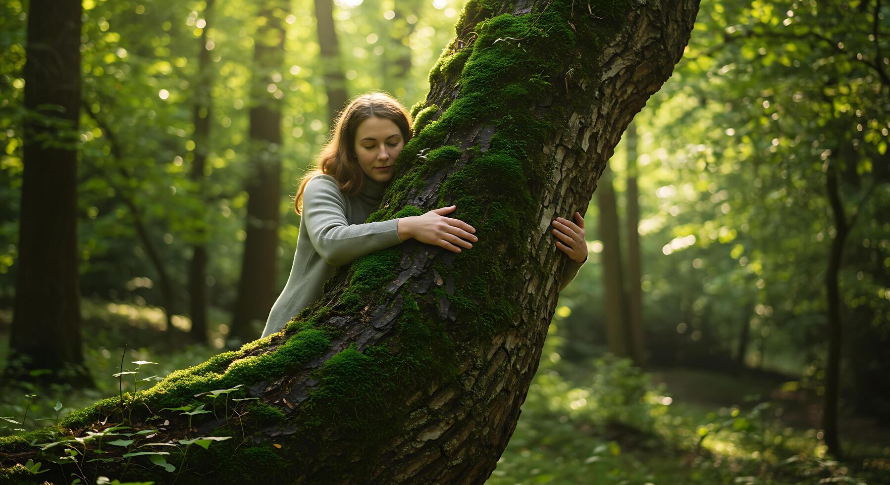 Woman Embracing a Moss-Covered Tree in a Forest - Generated using AI photo