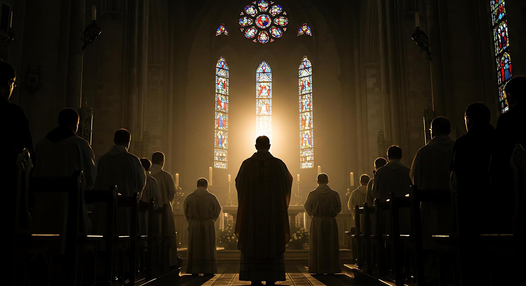 Monks gathered in a cathedral sanctuary during service - Generated using AI photo