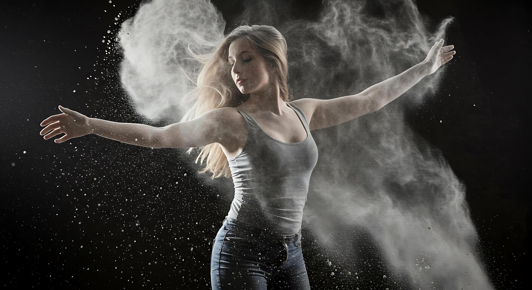 Woman in Flour Cloud - Abstract Expression of Freedom and Movement - Generated using AI photo