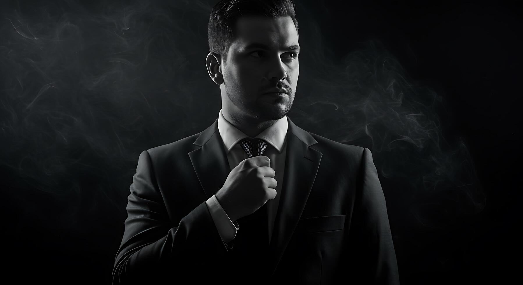 Monochrome Portrait of a Man Adjusting Tie with Dramatic Lighting - Generated using AI photo