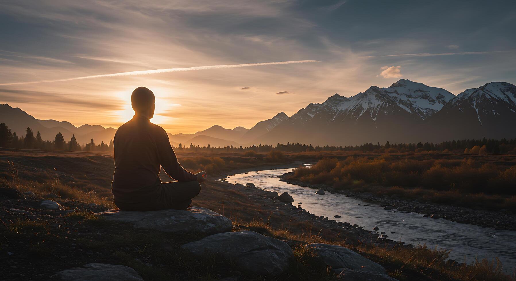 Person meditating at sunset overlooking a serene river and majestic mountains - Generated using AI photo