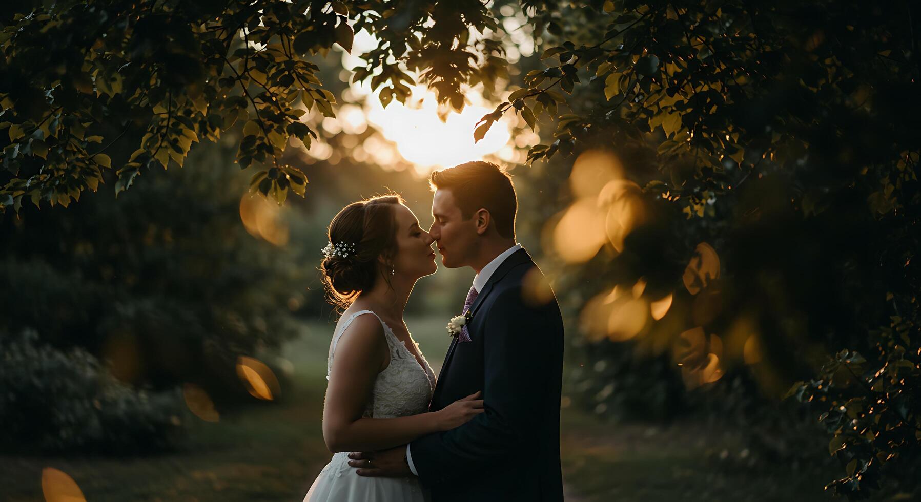 Romantic Couple's Kiss at Golden Hour Underneath a Natural Arbor - Generated using AI photo