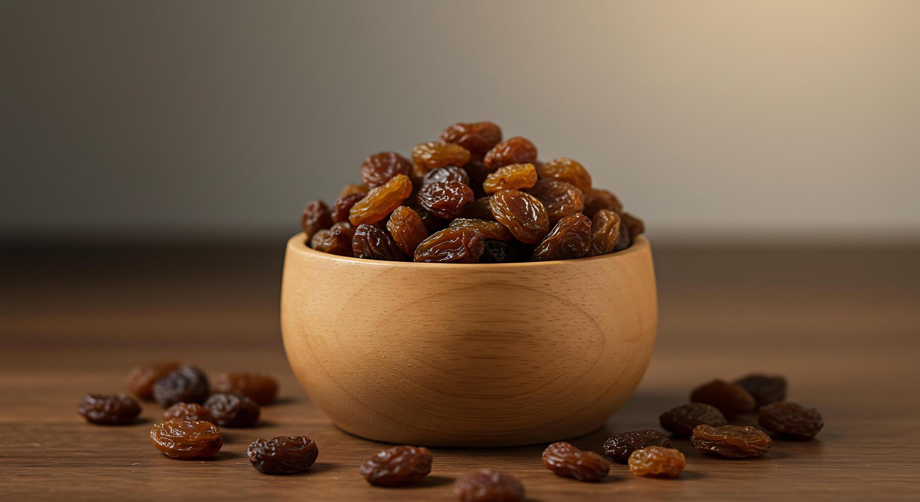 Artistic arrangement of dried grapes in a wooden bowl - Generated using AI photo