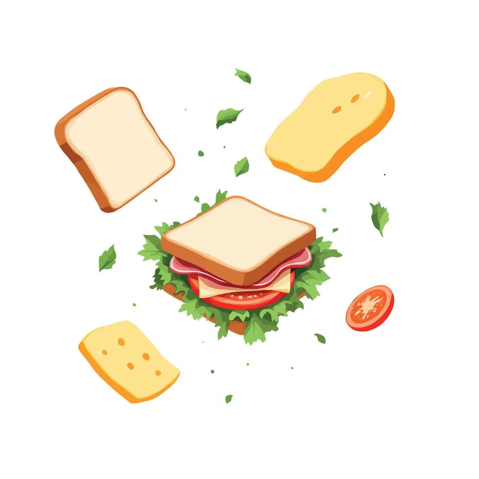 Sandwich with cheese, ham and tomatoes on a white background vector