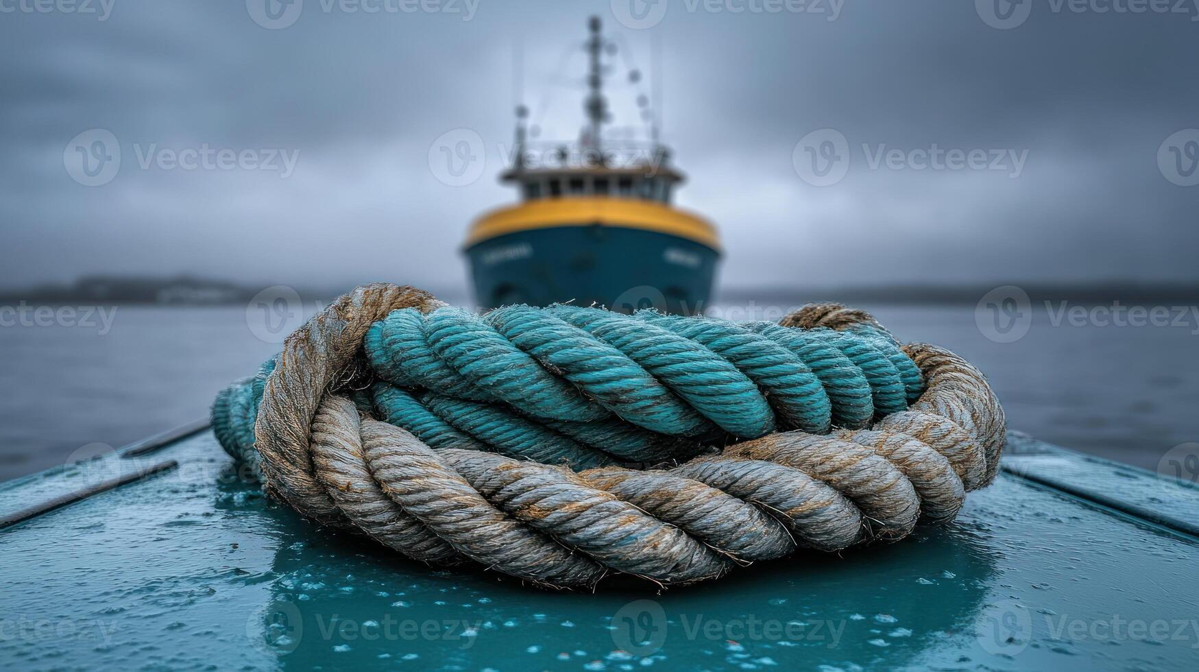 A close-up of a coiled rope with a boat in the background. photo