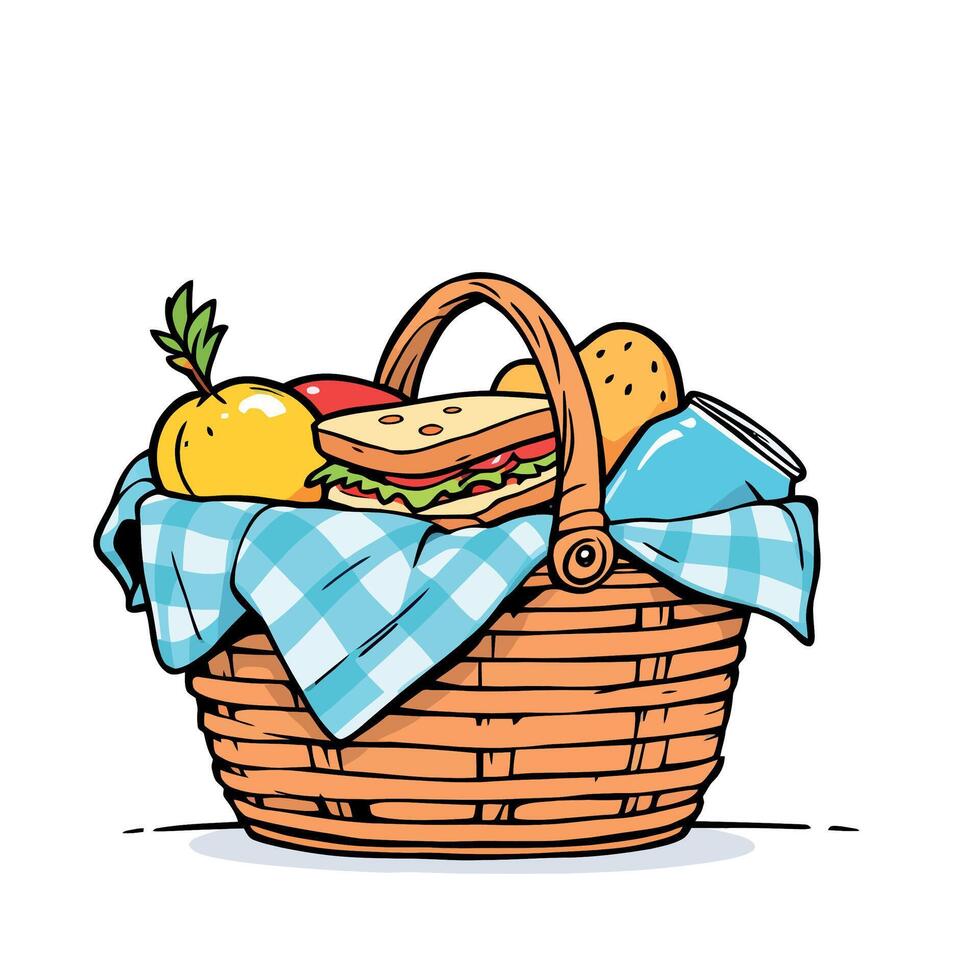 A basket with food and drinks in it vector