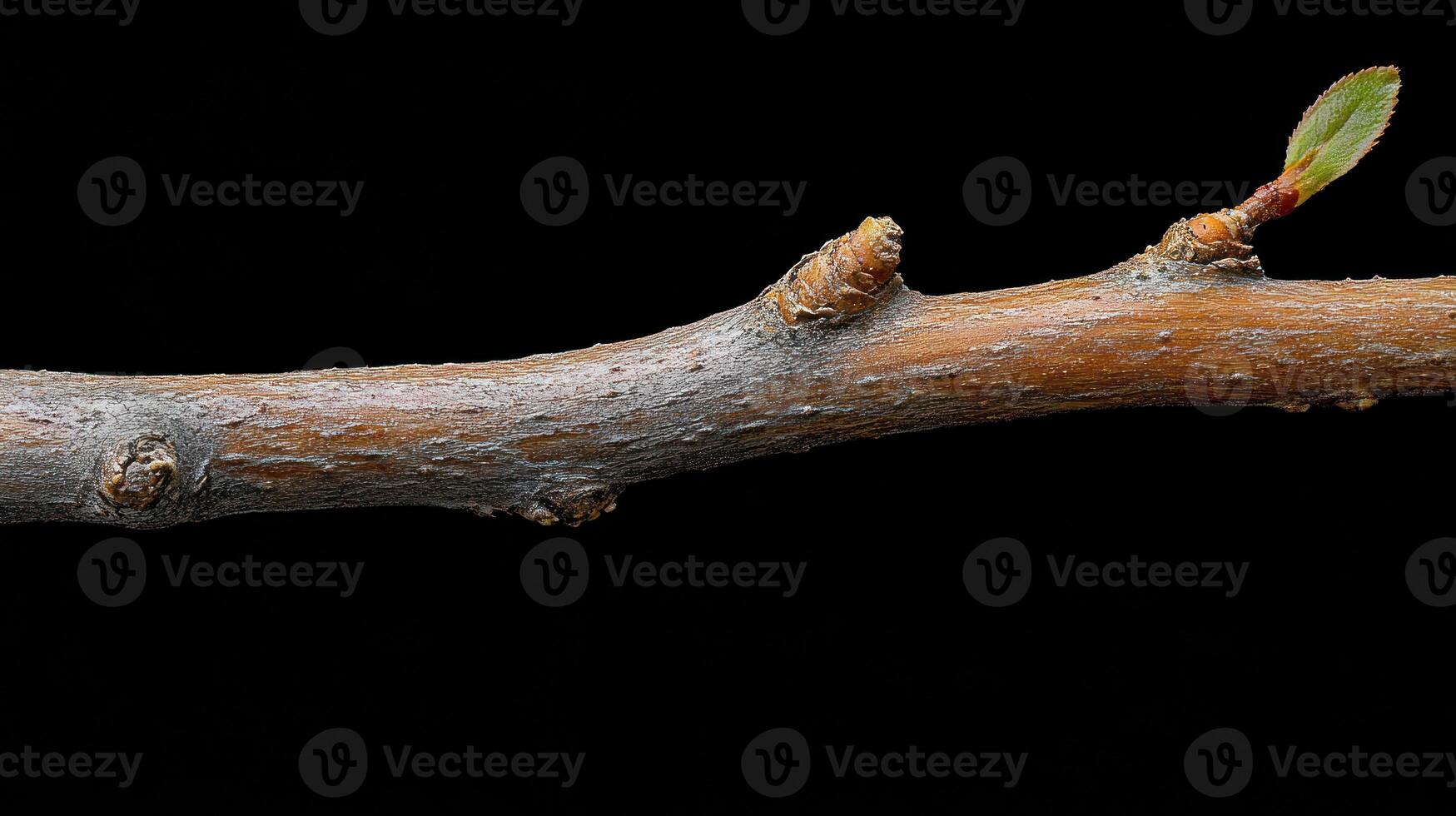 A close-up of a twig with a budding leaf. photo