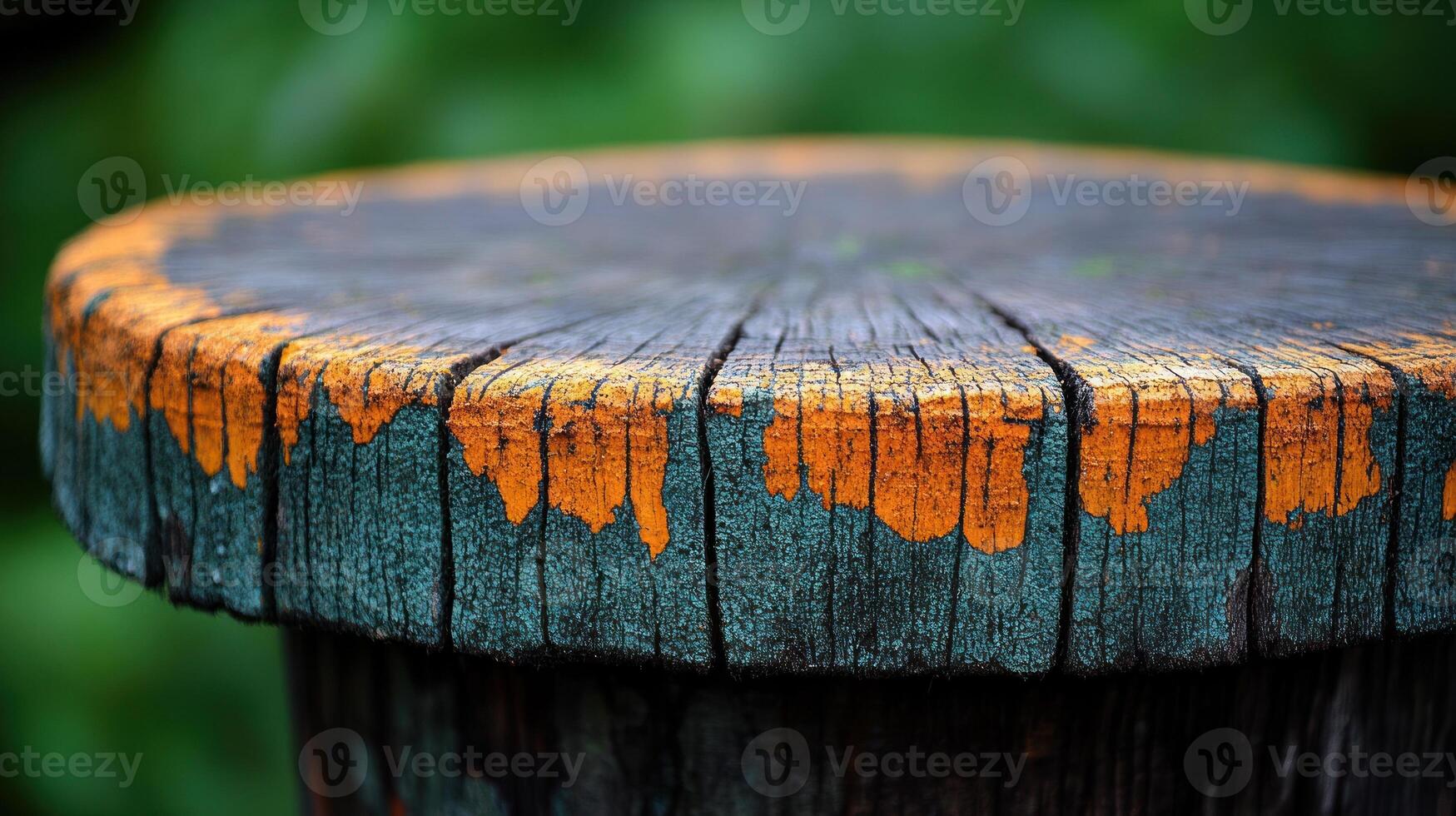 A close-up of a weathered wooden surface. photo