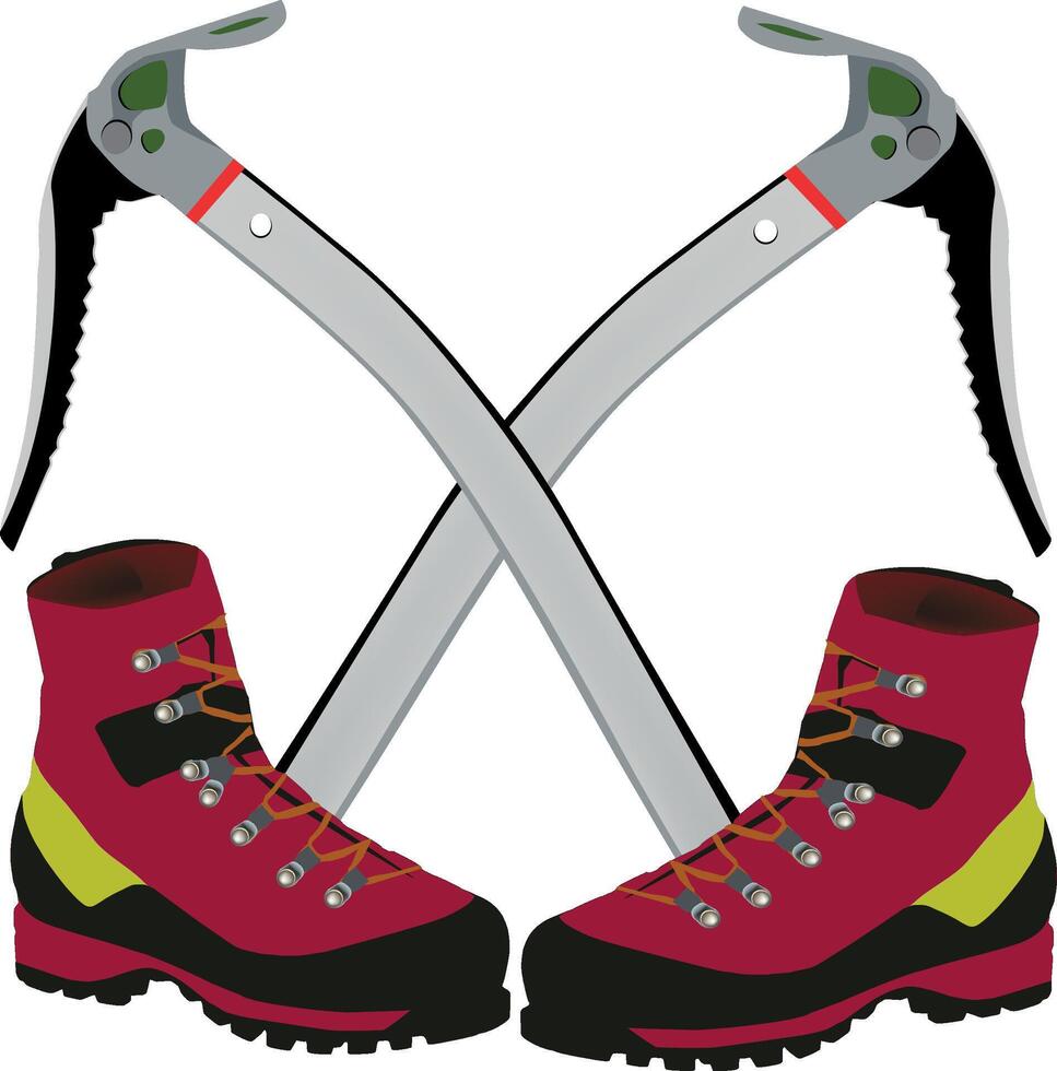 Two hiking boots with two axes on a white background vector