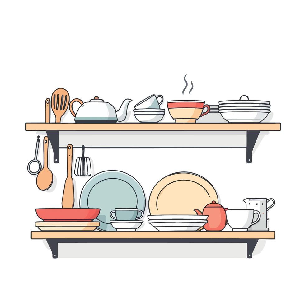 Shelves with kitchen utensils and dishes vector