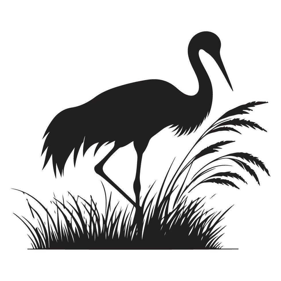 Elegant Crane Bird Silhouette Illustration with Grass Design vector
