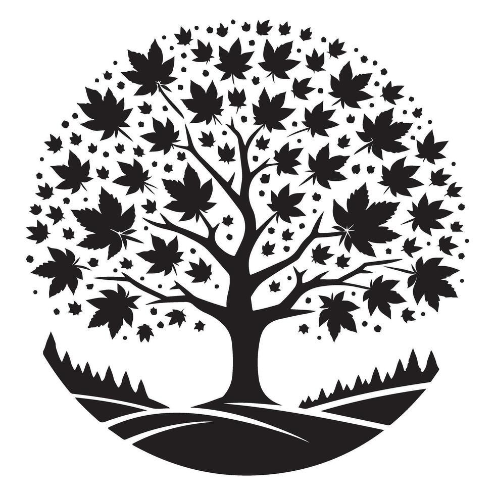 Circular Maple Tree Silhouette Illustration with Scenery vector