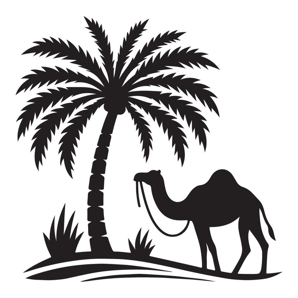 Camel Under Palm Tree Silhouette Desert Adventure Exotic Travel vector