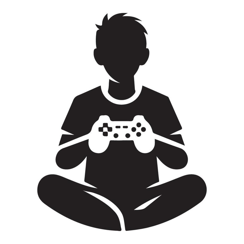 Young Gamer Silhouette Concentrated with Controller Art Design vector