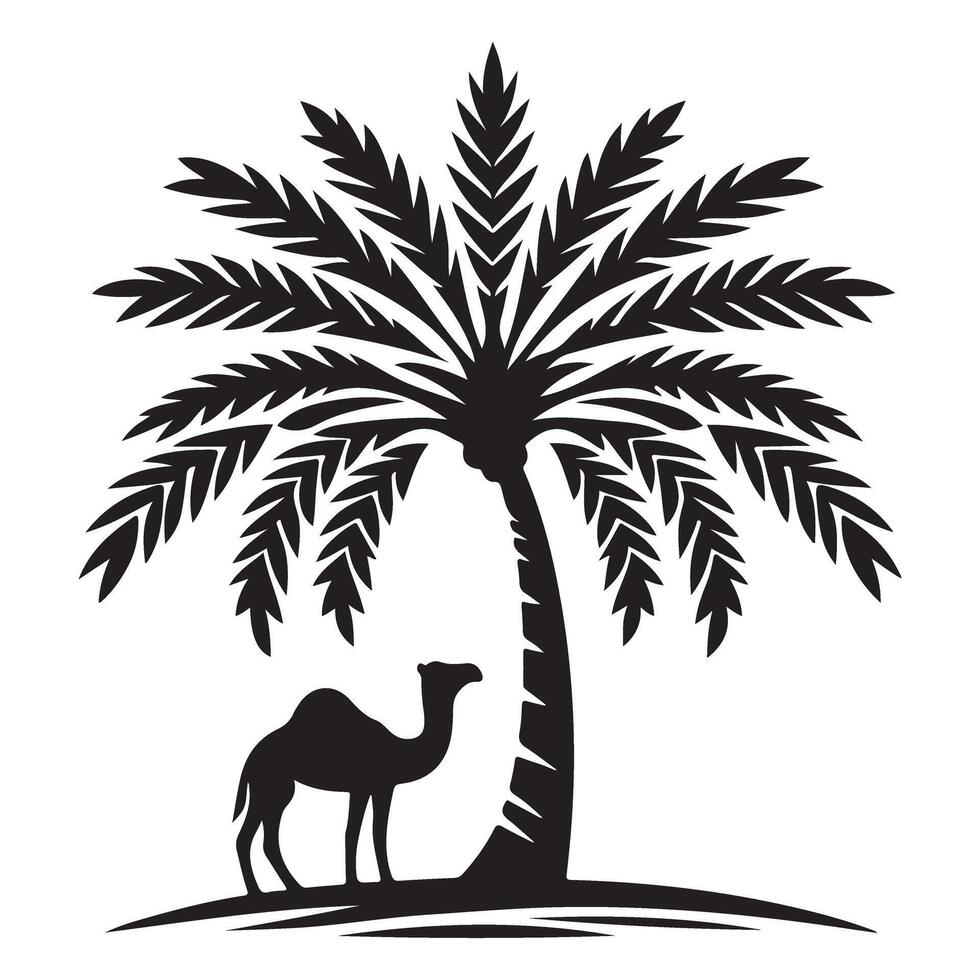 Simple Illustration of Camel and Palm Tree in Black Silhouette vector