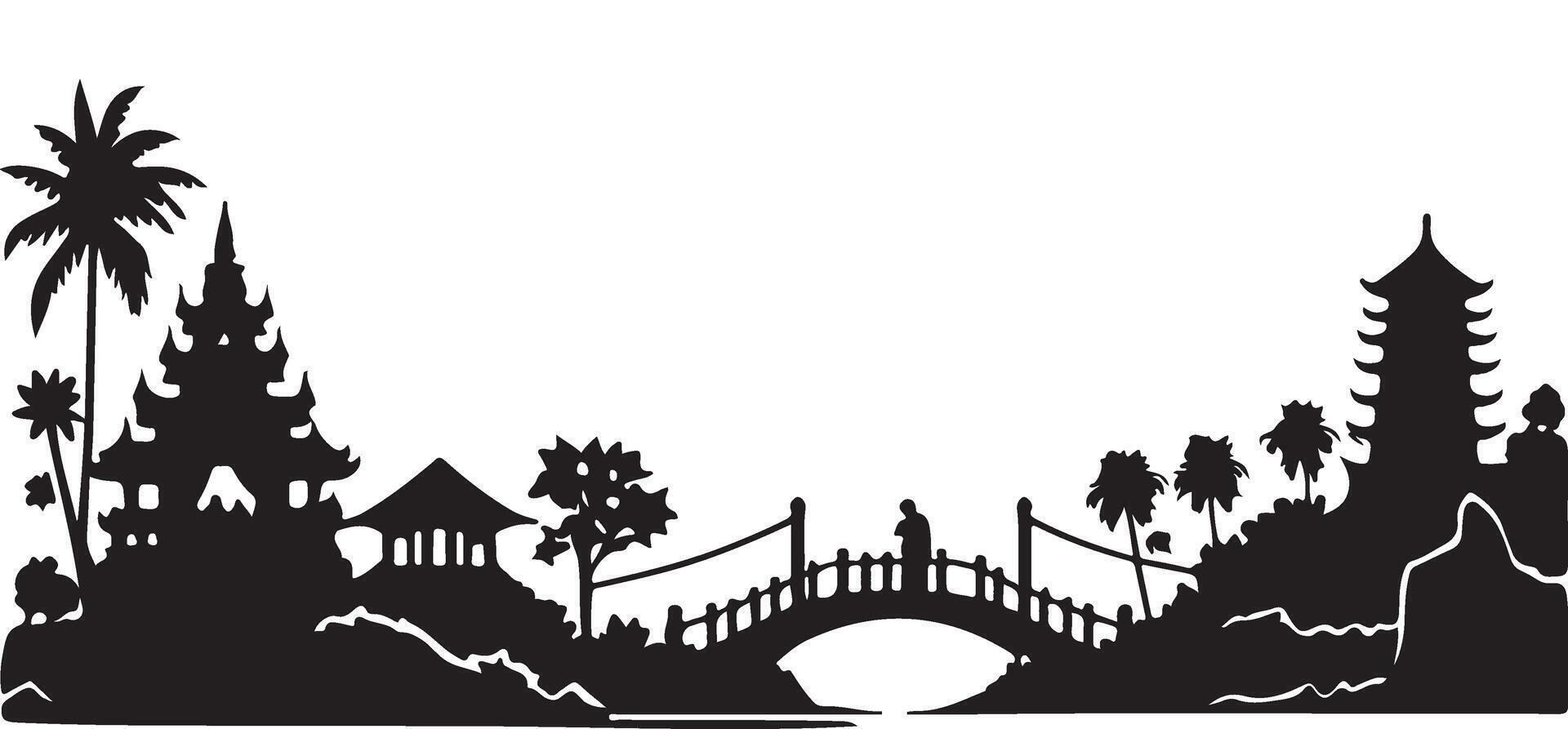Asian Landscape Silhouette Design with Pagodas and Bridges vector