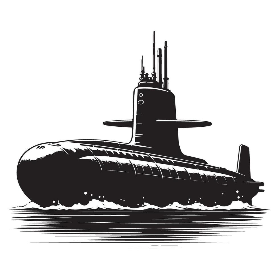Powerful Submarine Black and White Naval Vessel Silhouette Image vector