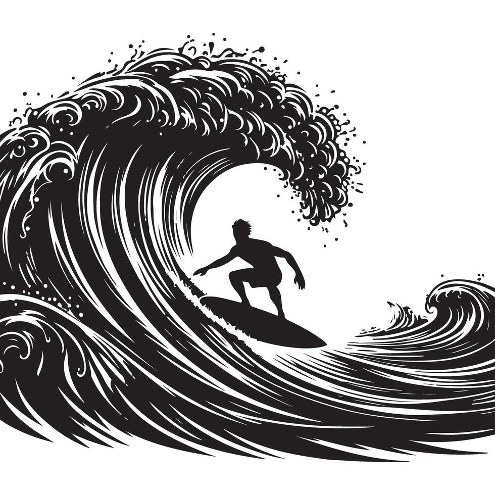 Surfer riding wave silhouette extreme sport ocean adventure vector