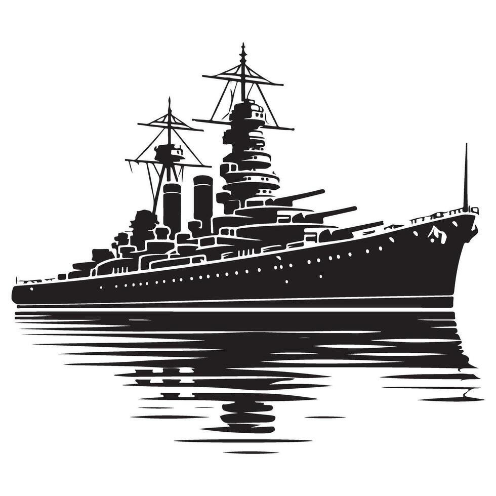 Vintage Battleship Warship Silhouette at Sea Style Illustration vector