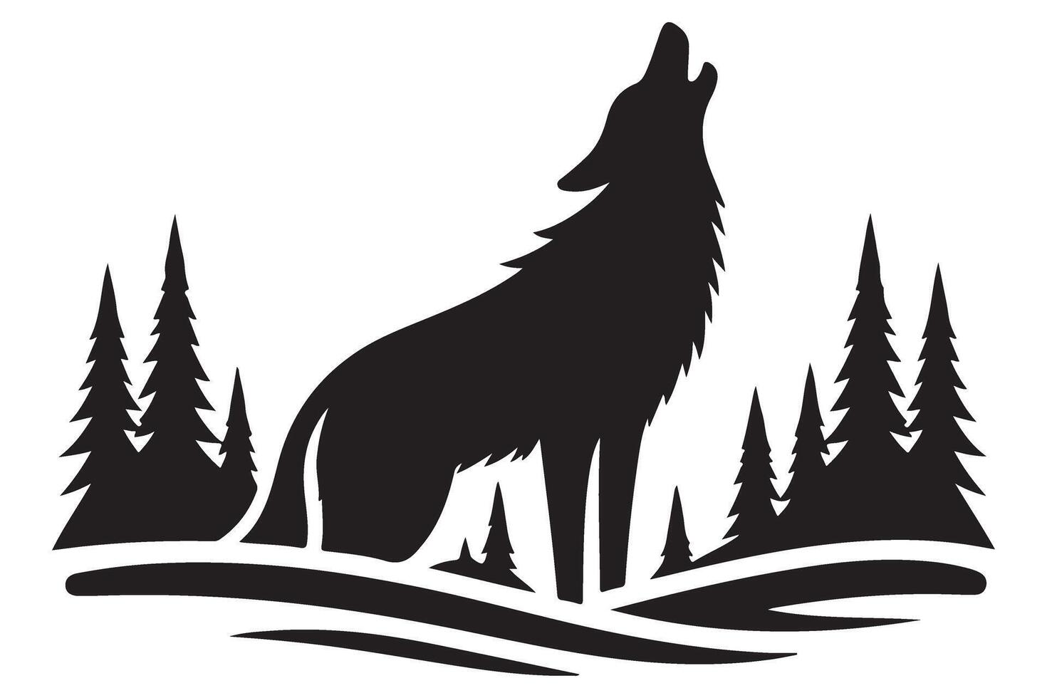 Silhouette Wolf Howling at Moon in Forest Illustration vector