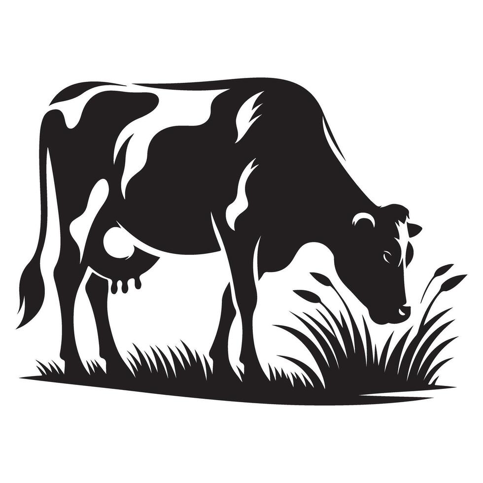 Dairy Cow Silhouette Illustration Grazing in the Field Scene vector