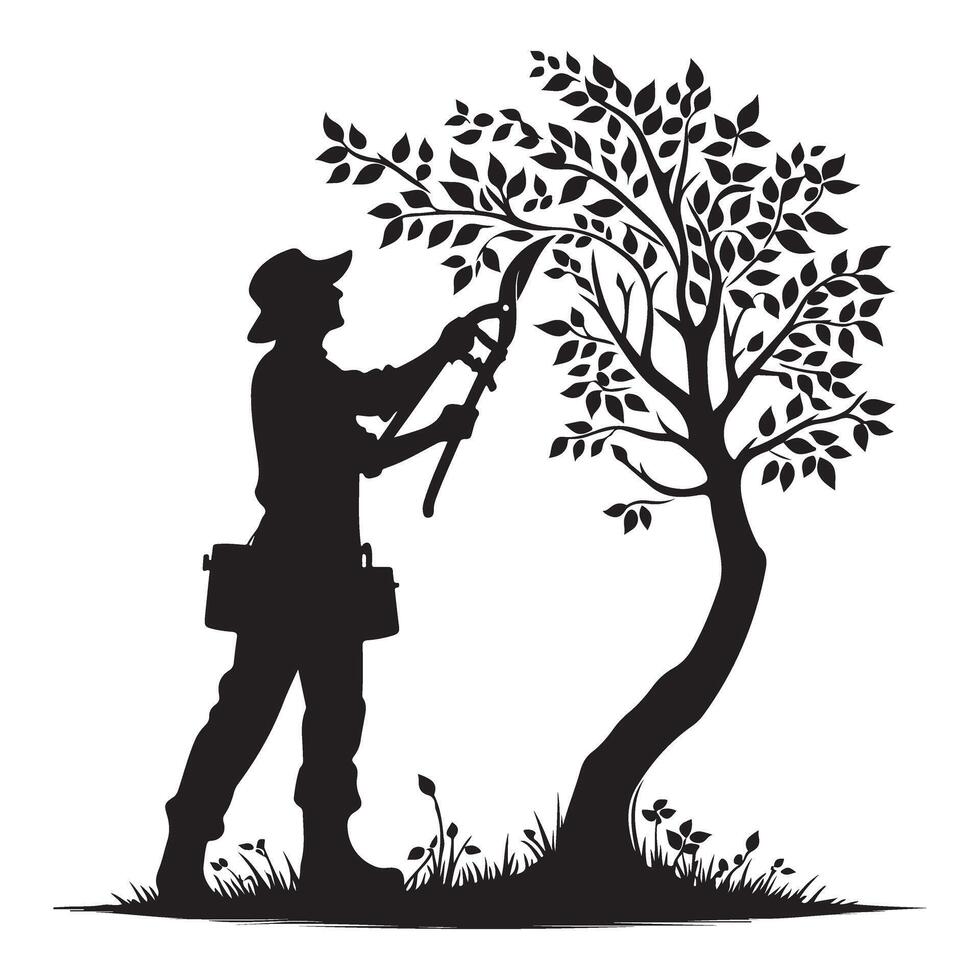 Silhouette of Gardener Pruning Tree Art Arborist Design vector