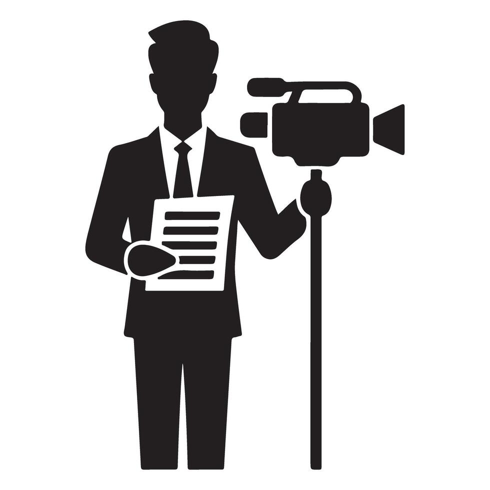Professional News Reporter Presenting with Camera and Speech Silhouette Illustration vector